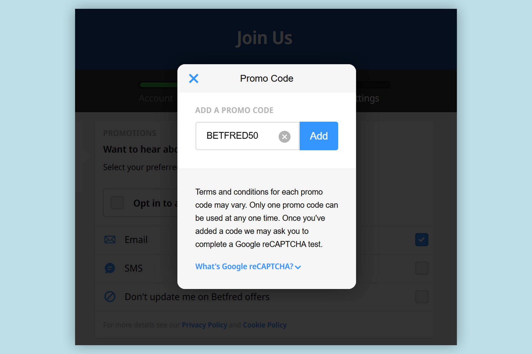 Add this Betfred promo code like so to qualify for the free bets