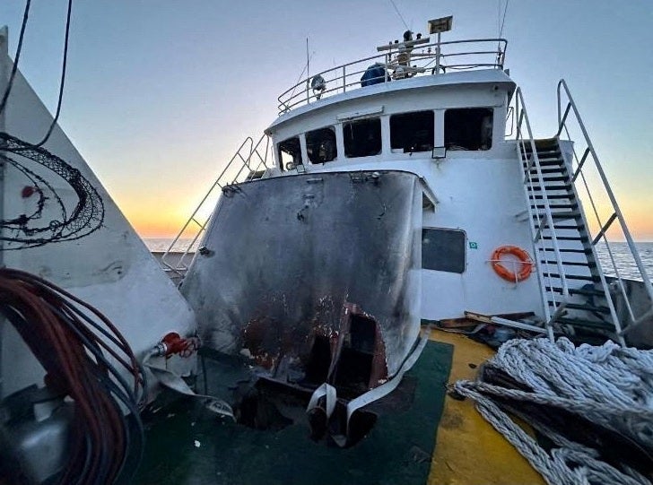 Damage is seen on the Gaza Freedom Flotilla vessel Conscience outside Maltese territorial waters