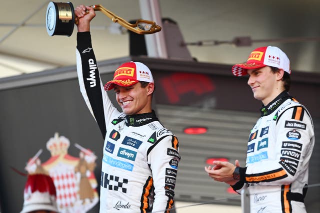 <p>Lando Norris celebrates winning the Monaco Grand Prix</p>