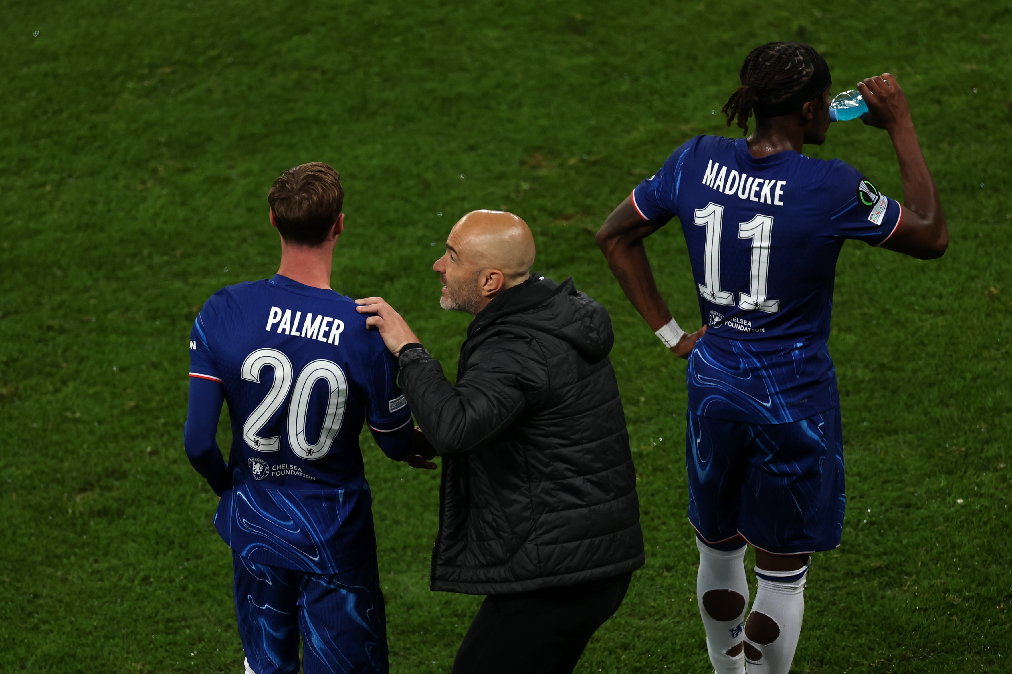 Cole Palmer with manager Enzo Maresca during Chelsea’s Conference League final win