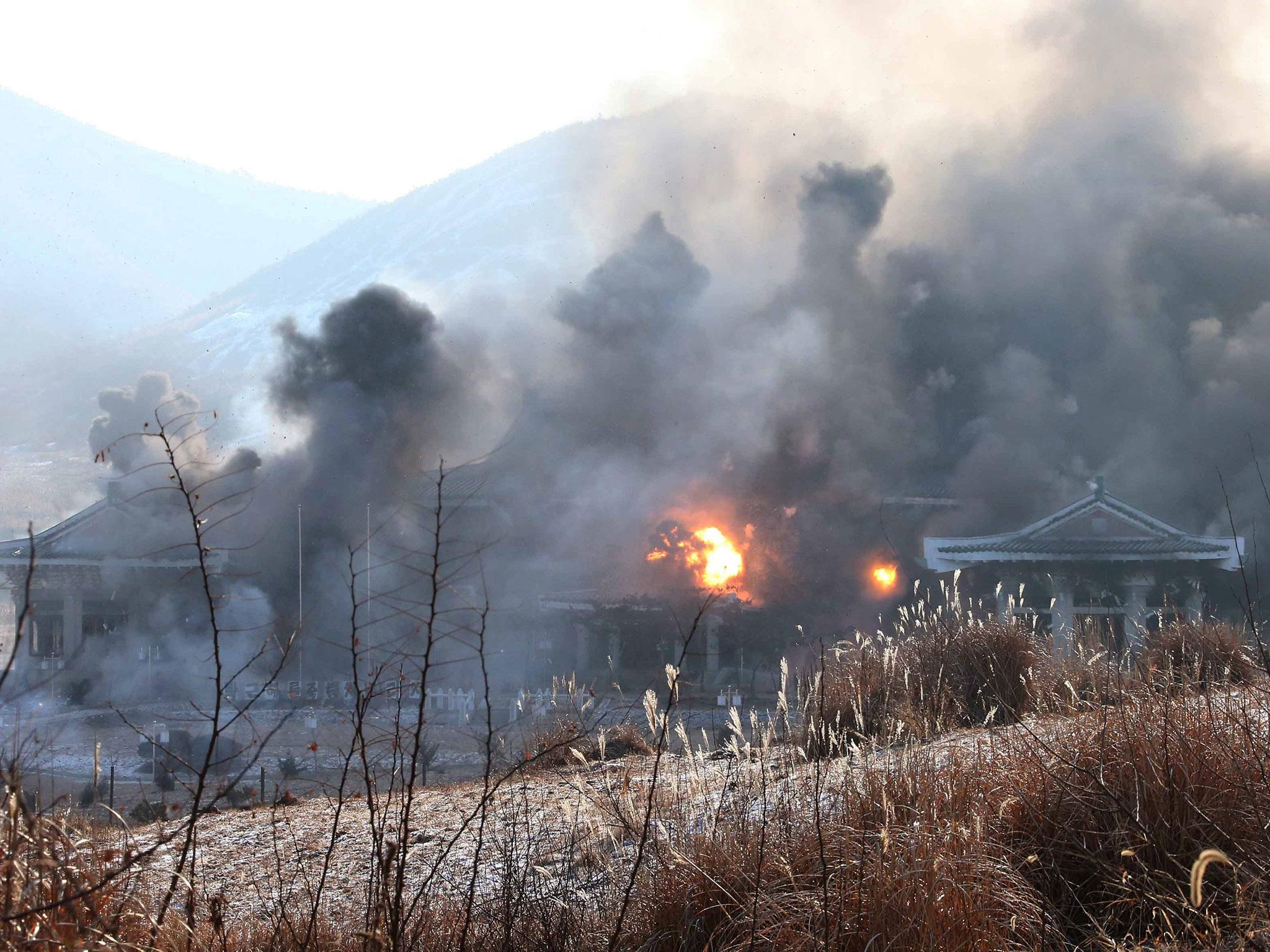 The full-scale mock-up of South Korea's Blue House was set on fire by the North's troops